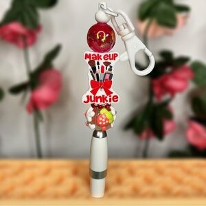 Makeup Junkie Handmade Beaded Pen Keychain with Red & White Design